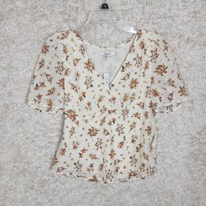 Madewell Shirt Womens 4 Ivory Silk Puff Sleeve Floral V Neck Blouse New NWT